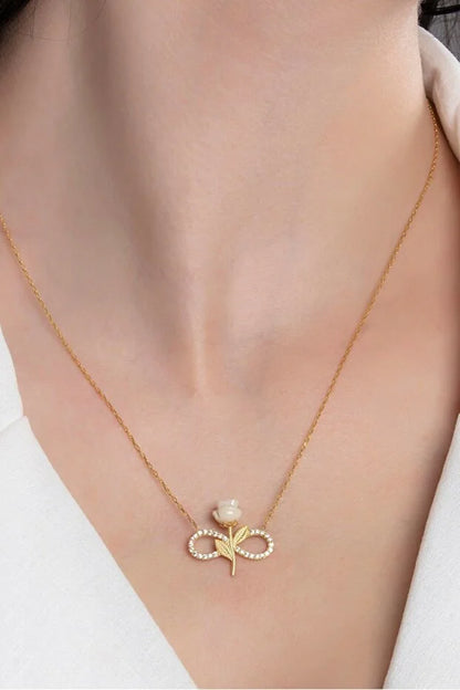 925 Sterling Silver Gold Plated White Rose Infinity Necklace Zircon