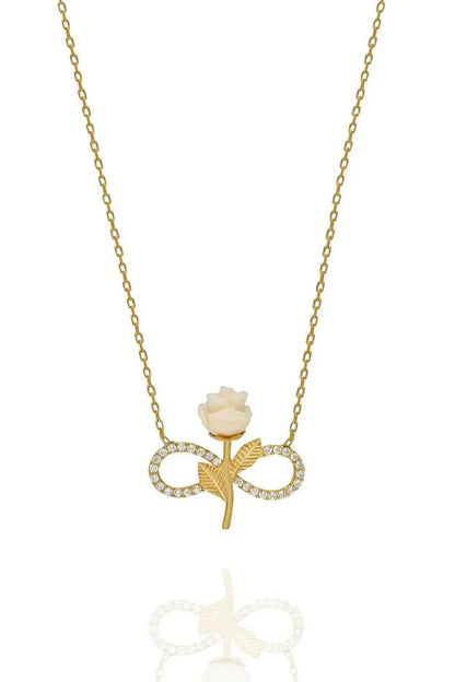 925 Sterling Silver Gold Plated White Rose Infinity Necklace Zircon